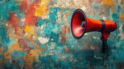 Red megaphone against a colorful textured wall, ideal for communication themes.