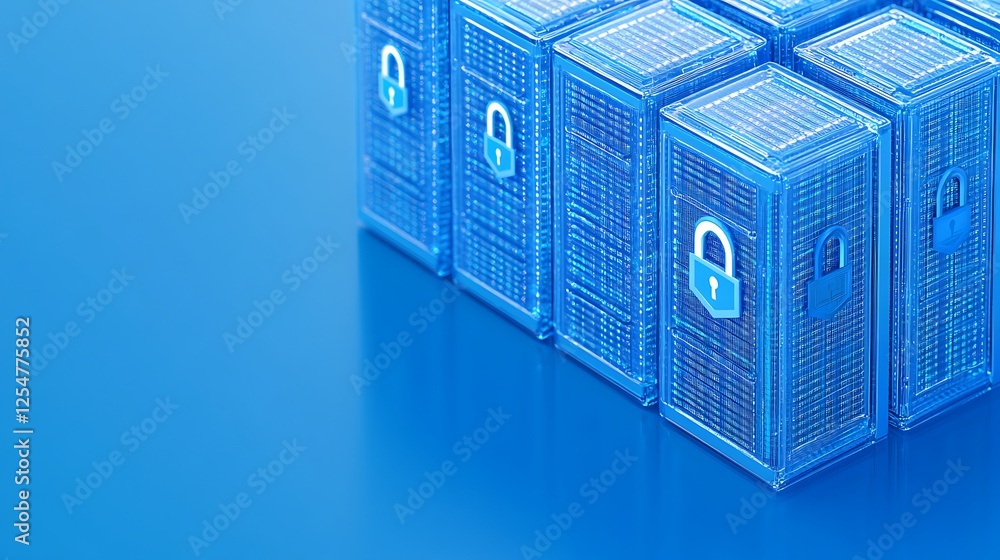 Poster transparent blue storage boxes with padlock symbols representing secure data storage and organizatio