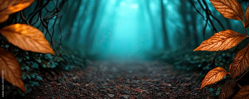Poster glow forest idea. mysterious forest path with fog and autumn leaves creating an enchanting atmospher