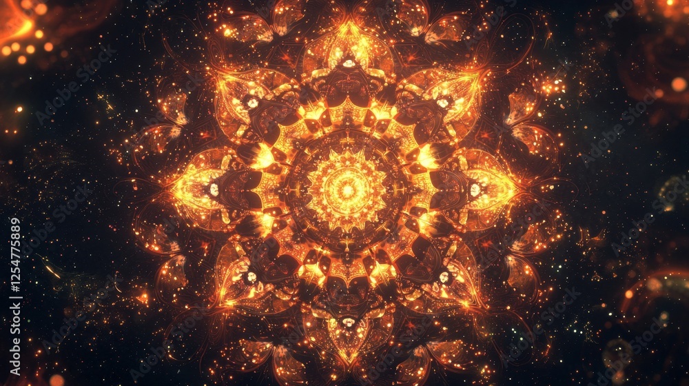Poster vibrant abstract kaleidoscopic design with fiery orange and gold patterns in a dark background