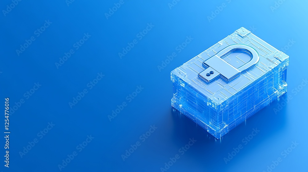 Poster transparent digital lock icon on blue background symbolizing data security and protection for techno