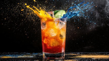 Vibrant Splash of Colorful Cocktail with Ice and Fruit Garnish