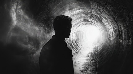 Silhouette of a person in a tunnel, light at the end creating a sense of hope.