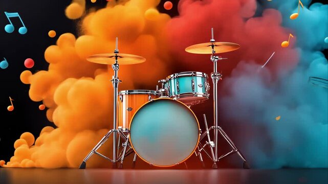 A drum set surrounded by colorful smoke and musical notes, creating a vibrant and dynamic visual representation of music.