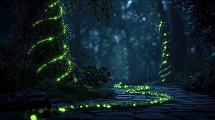 Obraz premium Glow forest idea. A mystical forest path illuminated by glowing green vines and serene surroundings.