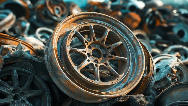 A large pile of old, rusted metal rims from cars and trucks stacked in a scrapyard or recycling facility, Discarded vehicle parts and metal debris	
