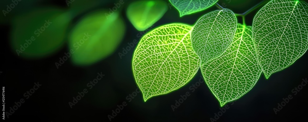 Poster glow forest idea. close-up of vibrant green leaves showcasing intricate patterns and textures.