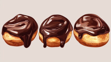 Fototapeta premium A trio of elegant clairs with glossy chocolate glaze, floating on a transparent background. 