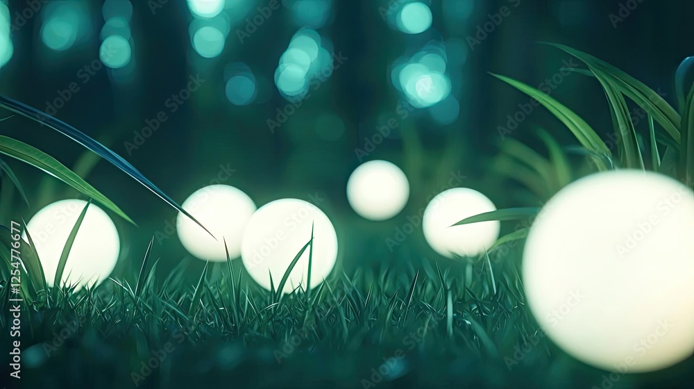 Poster glow forest idea. glowing orbs illuminate the dark forest, creating a magical and serene atmosphere.