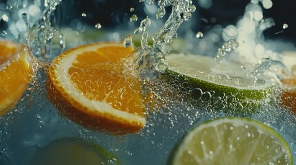 Fresh Citrus Slices Splashing in Clear Water with Bubbles and Reflections