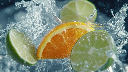 Fresh Citrus Fruits Splashing in Water with Dynamic Motion Effects