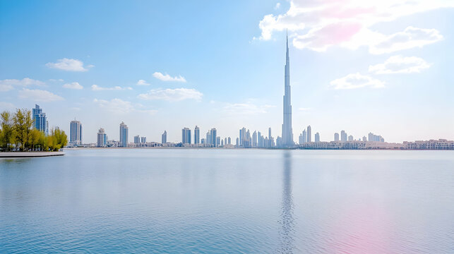 Cityscape, lake, skyscraper, sunny day, travel