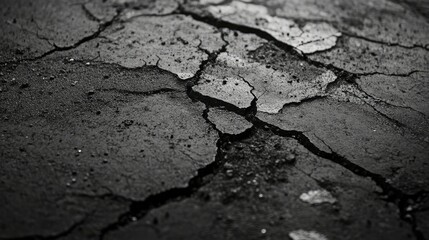 A close-up of an old asphalt surface, with cracks running along its length and debris in the crevices.