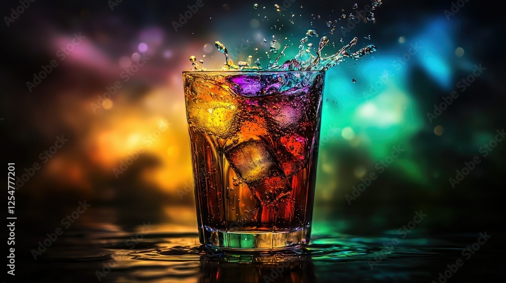 Poster refreshing beverage with ice splashing in colorful background