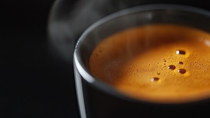 A close-up of a coffee cup with perfect crema on top, steam rising gently, on a sleek black background.