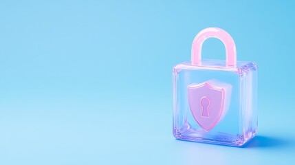 Transparent Pink Lock with Shield Symbol on a Soft Blue Background for Security Conceptual Imagery