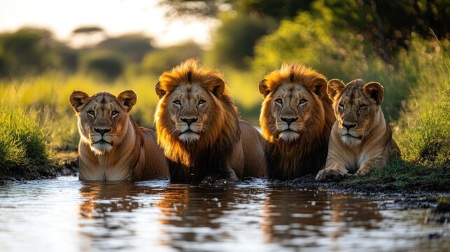 Four majestic lions and lionesses lounging by a serene waterhole in a vibrant savannah landscape