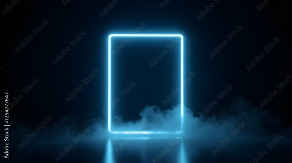 Poster Neon Blue Rectangular Portal: Futuristic Glowing Frame with Smoke Effect on Dark Background - Modern Abstract Design for Technology & Sci-Fi Concepts