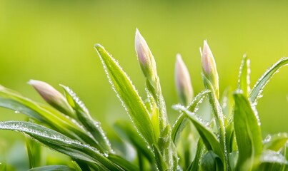 Obraz premium dew-covered buds and leaves in springtime, Generative AI