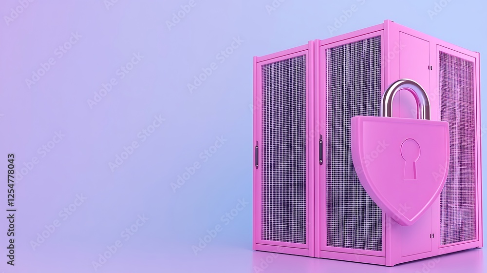 Poster vibrant pink server rack with padlock symbolizing data security and technology in modern digital env