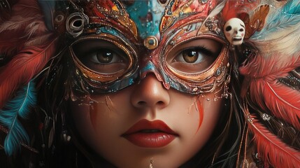 A close-up of a girl's face wearing an elaborate carnival mask with a blend of colors, feathers, and intricate designs.