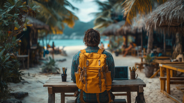 Photograph of a digital nomad in a minimalist travel workspace, using lightweight tech in a vibrant open-air environment, embracing mobility, productivity, and modern remote work