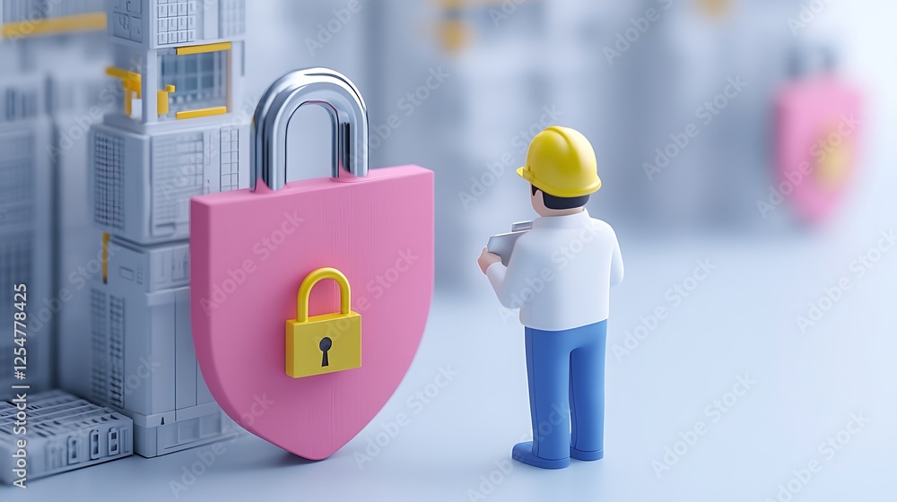 Poster worker in helmet inspecting security lock on storage container in a modern warehouse environment