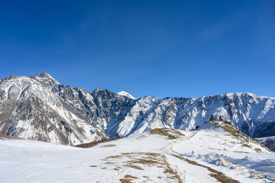 Nature of snow-capped mountains in the Caucasus Mountains in winter