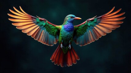 Fototapeta premium A Vibrant, Multicolored Avian Wonder in Flight, Wings Spread Wide, Displaying a Symphony of Hues Against a Dark Background