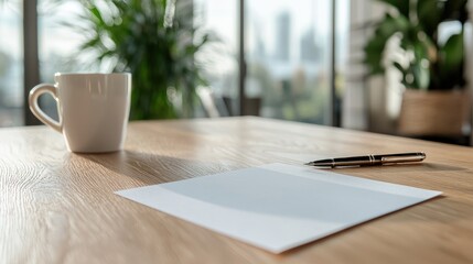 Blank paper, pen, coffee, office desk, city view