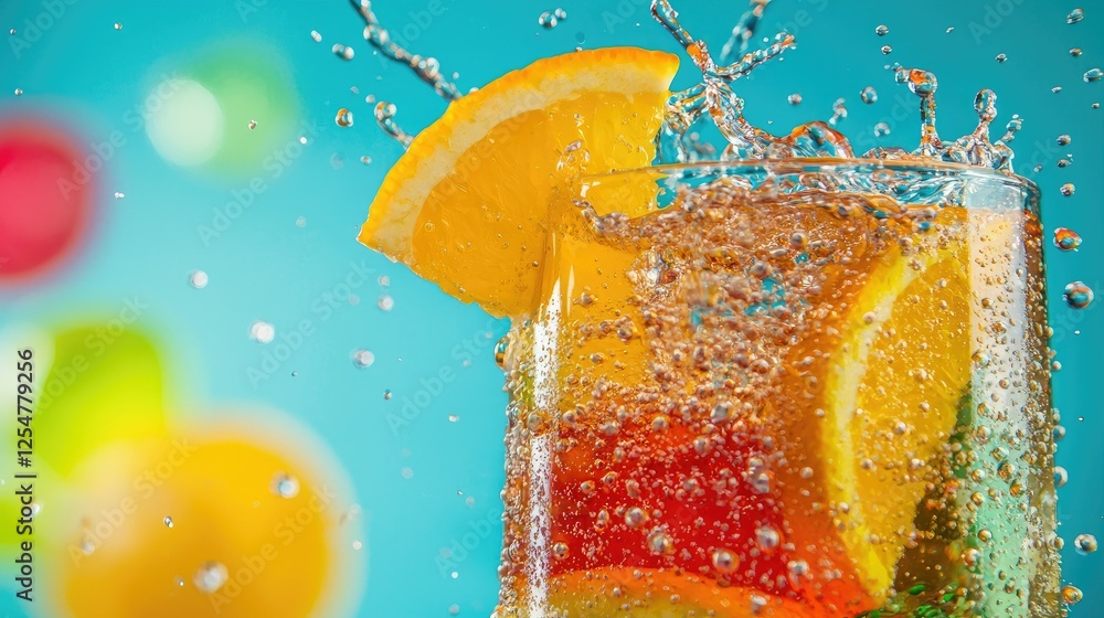 Poster refreshing citrus beverage with bubbles and splashing action