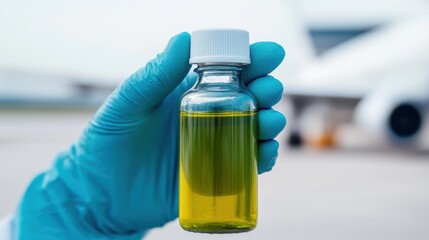 Sustainable aviation fuel concept. Hand holding a small bottle of yellow liquid with a blurred airplane in the background.