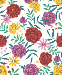 Beautiful floral pattern with maroon roses, purple roses, yellow carnations, and dark green leaves. Vintage design suitable for various creative projects