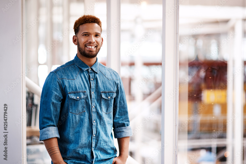 Poster creative, office and portrait of man with confidence, opportunity and inspiration in startup develop