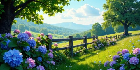 Fototapeta premium Serene Pastoral Landscape Featuring Vibrant Hydrangeas and a Rustic Wooden Fence, Bathed in Golden Sunlight Against a Rolling Hill Backdrop