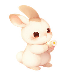Fototapeta premium A cute, white rabbit holding a small flower, featuring large expressive eyes and a playful pose.