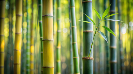 Obraz premium Close-up of bamboo stalks with green leaves