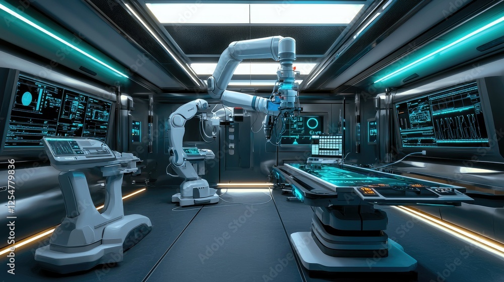 Poster advanced robotic arm in high-tech futuristic laboratory environment