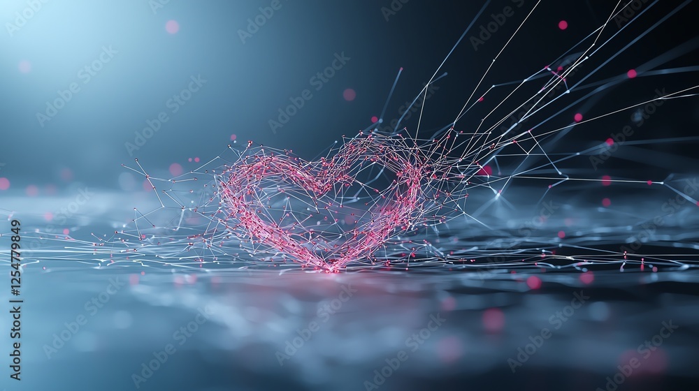 Poster futuristic digital heart with glowing lines and dots, representing technology and connection on a bl