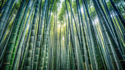 Tall bamboo trees reaching toward the sky in a dense forest