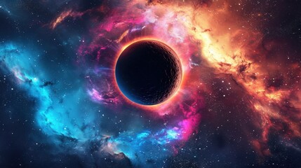 Abstract black hole in the dark sky with a glow of light, Black hole abstract with a swirling nebula and galaxies.