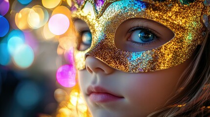 A close-up of a young girl wearing a golden carnival mask, with bright, colorful lights reflected in the background.