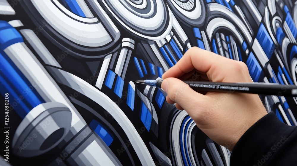 Poster artist creating intricate abstract design with blue and gray patterns on a canvas in a studio