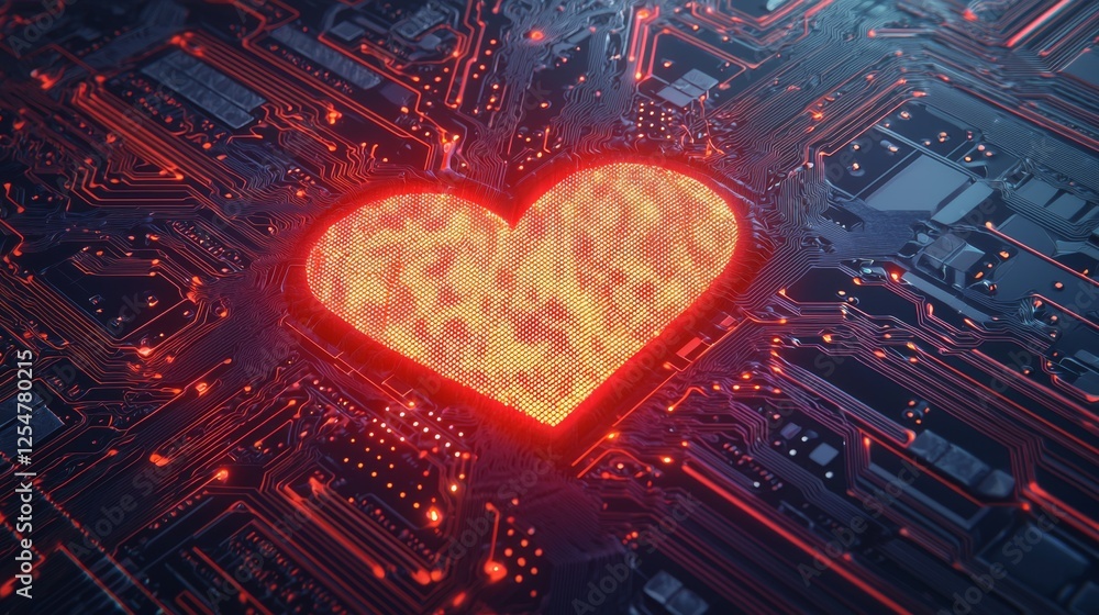 Aufkleber heart shape circuit design with glowing red light on a dark technology background