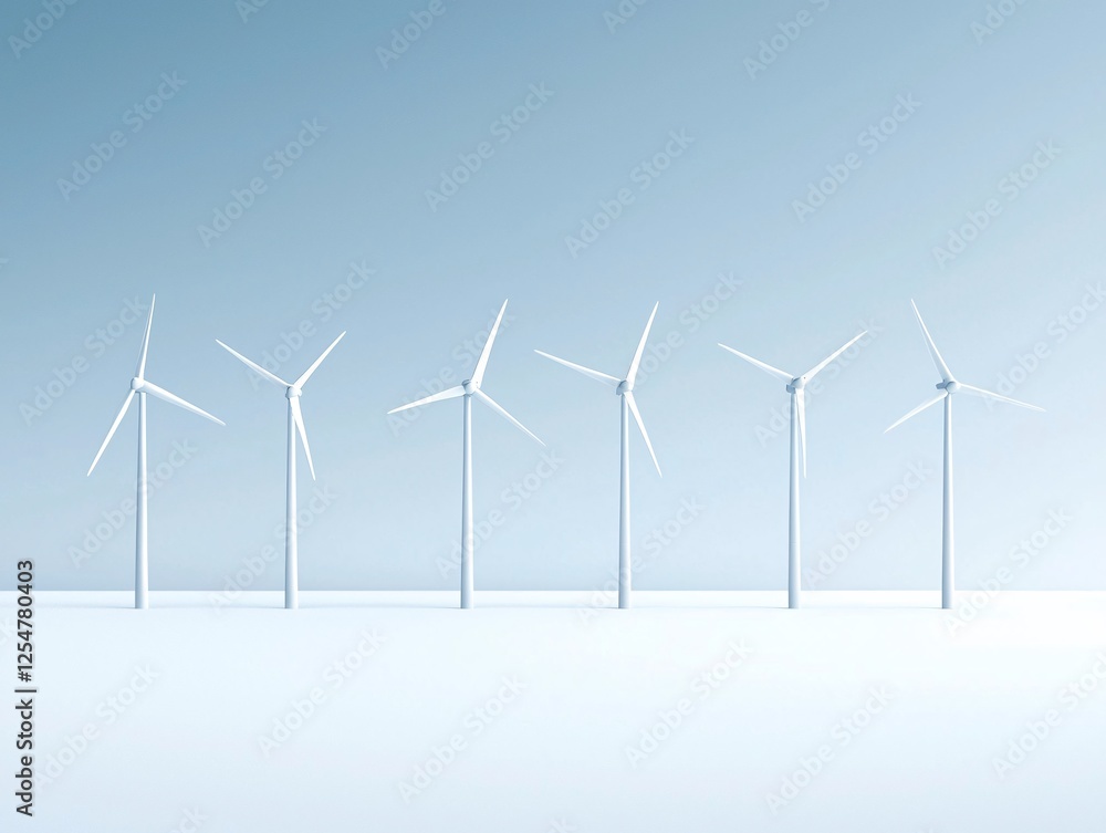 Poster isometric 3d visualization of a wind turbine farm, multiple turbines in an open field, minimalistic 