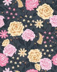 Beautiful pattern of rose flowers in pink and yellow, surrounded by small wildflowers in dark colors. This moody and romantic design is ideal for unique and memorable design projects.
