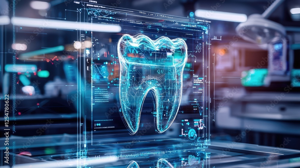 Poster digital tooth model with futuristic technology and data visualization