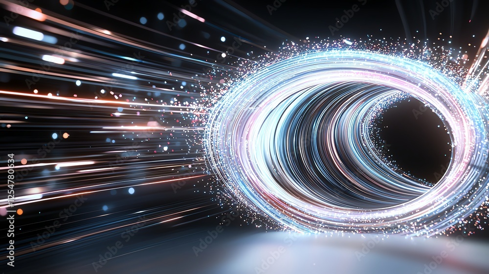 Poster futuristic light vortex tunnel with dynamic energy patterns, symbolizing high-tech innovation and sp
