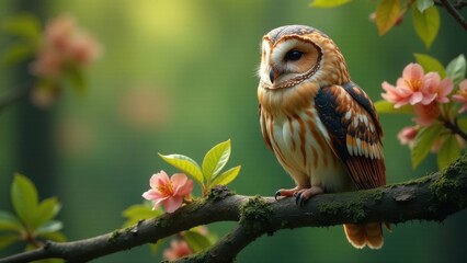 Serene Owl Perched on a Mossy Branch Amidst Delicate Spring Blossoms, a Symbol of Peaceful Coexistence in Nature's Embrace