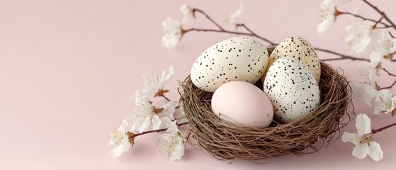 Obraz premium Easter eggs in nest, blossom branches, spring decoration, holiday greeting, for spring celebration, festive banner, horizontal banner, copy space